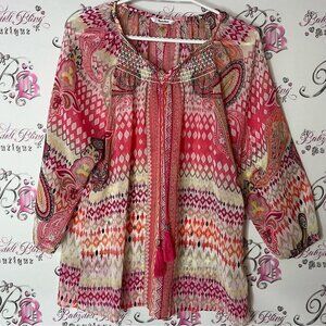 TanJay Pink and Red 3/4 Sleeve Tie Front Blouse tassle tie boho paisley